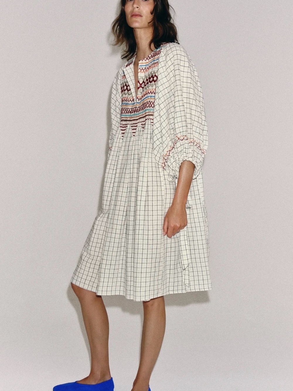 Zara Cream Checked Embroidered Long Sleeve Dress - Picture 1 of 6